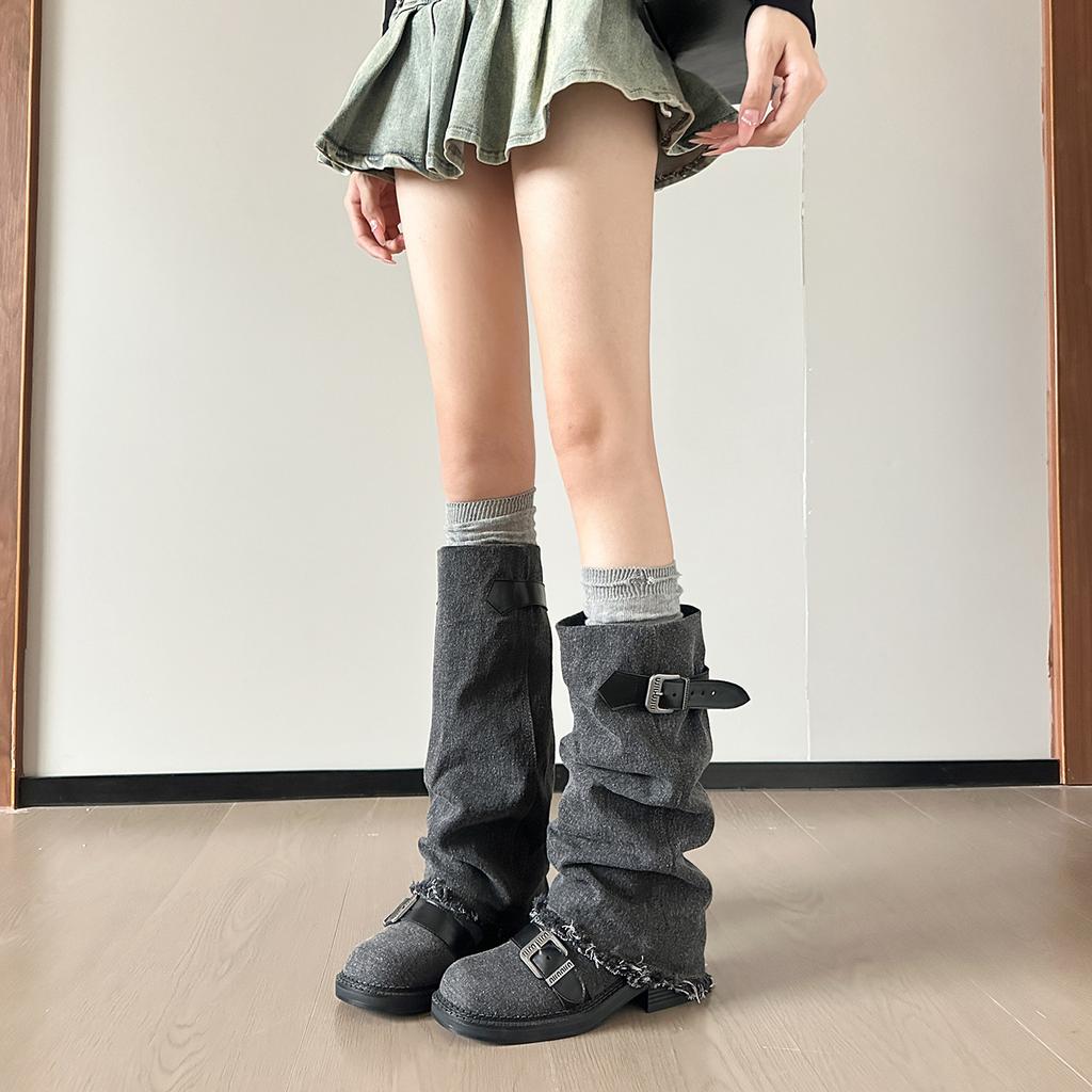 Vintage Round Head Belt Buckle Versatile Thick Heel Sleeve Cowboy Boots Wasteland Wind Pile Tall Maillard Platform Boots