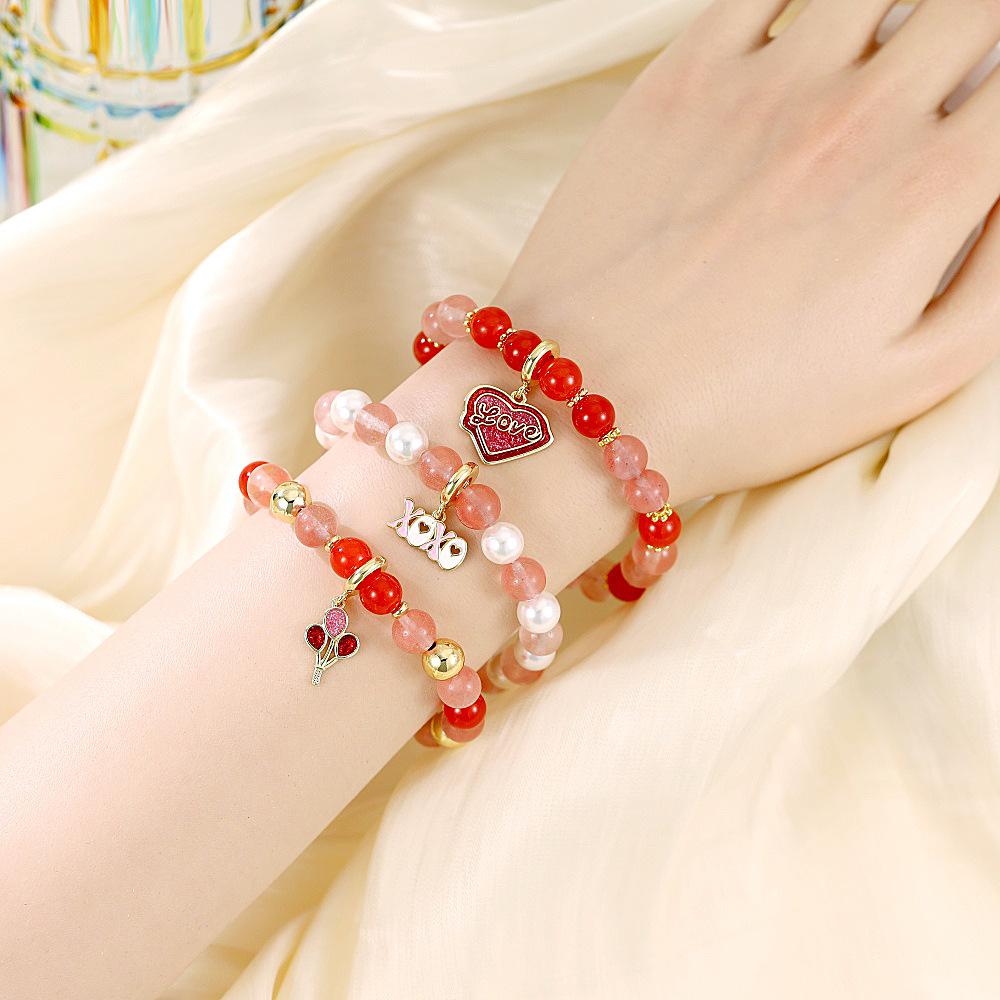 Elegant Handmade Beaded Semi-Precious Stone Bracelet with 18K Copper-Plated Heart LOVE Pendant