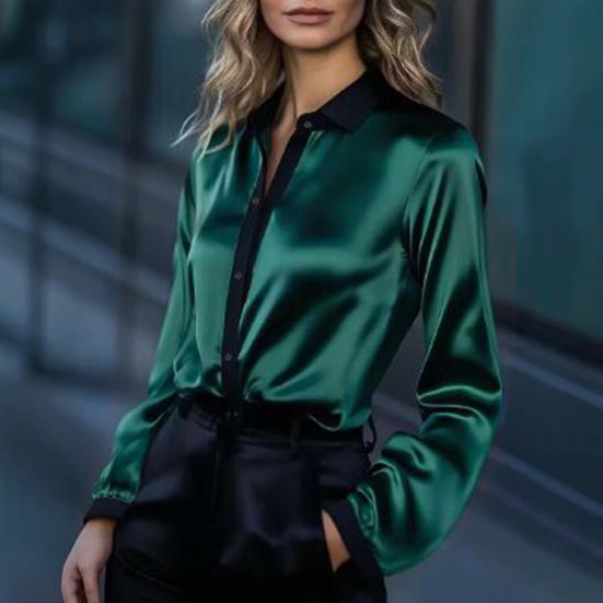 Women Shirt Lapel Long Sleeve Satin Texture Breathable Shirt Patchwork Color Loose Fit Office Casual Tops