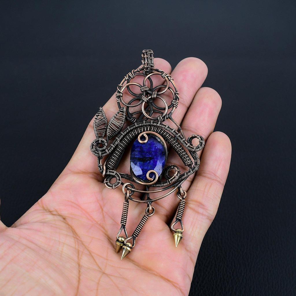 Blue Sapphire Pendant, Handmade Gemstone Pendant, 999 Copper Wire Wrapped Pendant Antique Jewelry, For Engagement Gift