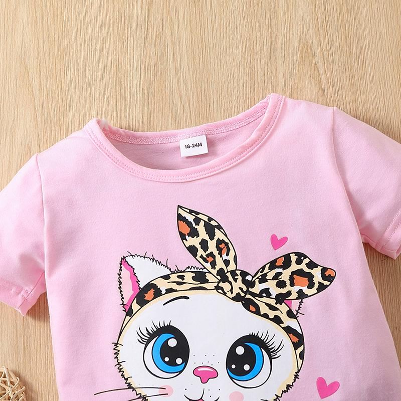 Girls Summer 2Pcs Outfit Cute Cartoon Print Crew Neck Short Sleeve Top and Shorts Set