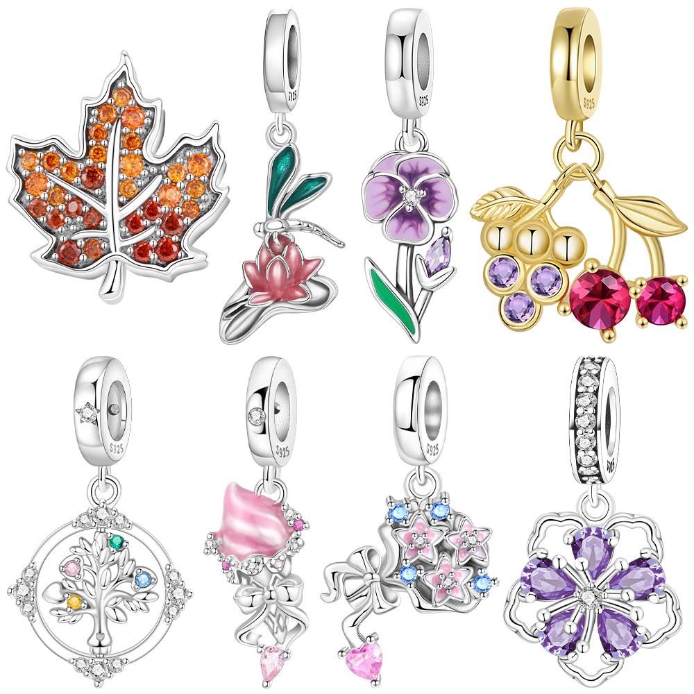 Originalcopper Pink Strawberry Ice Cream Pendant Lotus Dragonfly Violet Flowers Beads Fit Bracelet Women Jewelry Gift Diy
