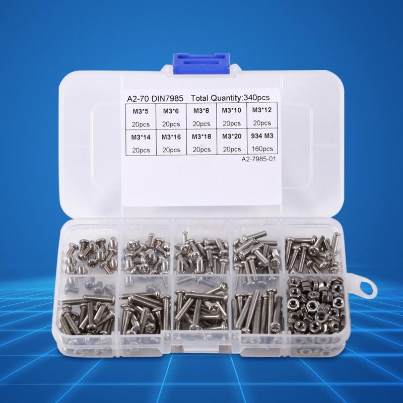 M3 Screw Bolt Nut Set 340pcs Hex Socket Flat Head Full Thread Stainless Steel Screws Kits Bolt Fastener Repair Tools With Plastic Box M3 Screw Bolt Nut Set 340pcs Hex Socket Flat Head Full Thread Stainless Steel Screws Kits Bolt Fastener Repair Tools With Plastic Box