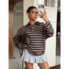 Womens Striped Button Polo Collar Long Sleeve Casual Loose Sweatshirt