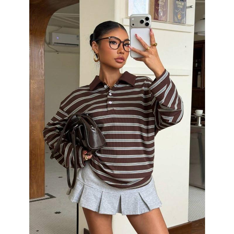 Womens Striped Button Polo Collar Long Sleeve Casual Loose Sweatshirt