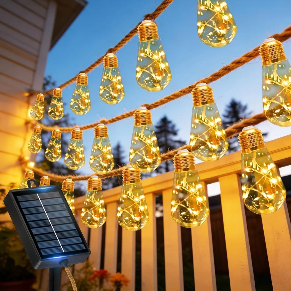 Vintage Hemp Rope Solar String Lights Outdoor, Waterproof Garden Decor Fairy Light for Patio Gazebo Fence Yard