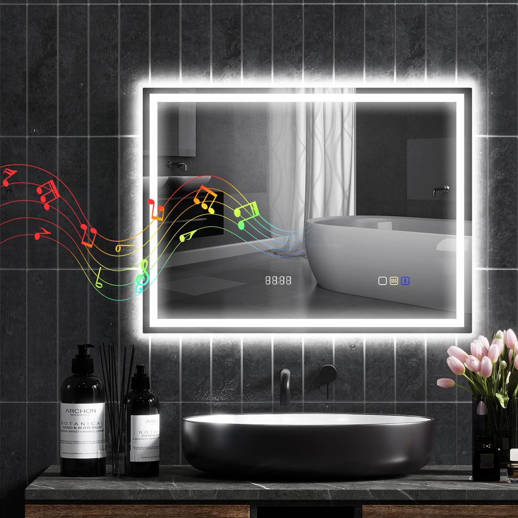 Bathroom Mirror with LED Lighting, Anti-Fog Pad, 3 Adjustable Colors, Clock, 600 x 800 mm, Silver