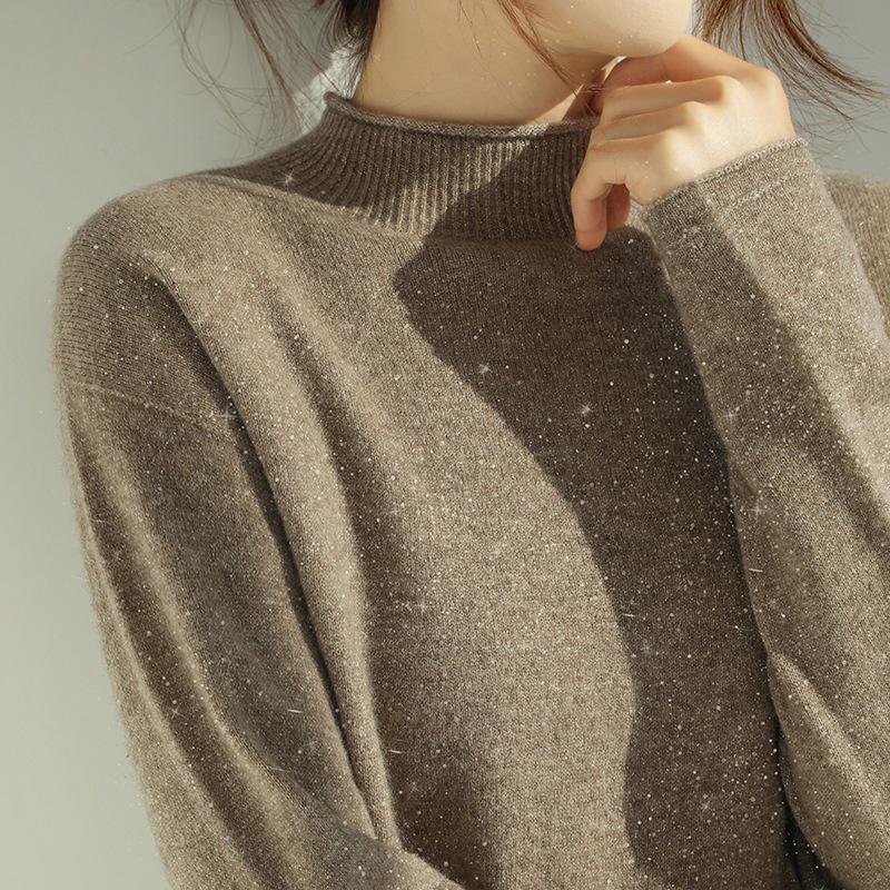 Gold & Silver Thread Half-High Collar 100% Pure Wool Sweater: Loose, Soft Red New Year Knitwear
