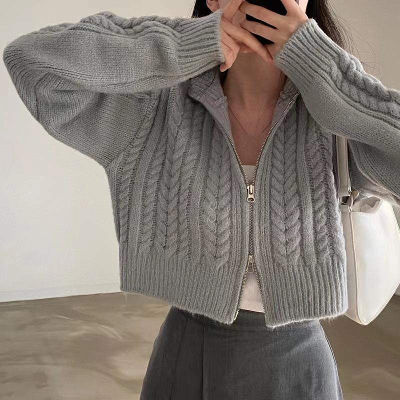 Women Double Zipper Sweater Lapel Short Pullover Crochet Fabric Solid Color Knitted Cardigan Casual Elegant Coat Fall Winter
