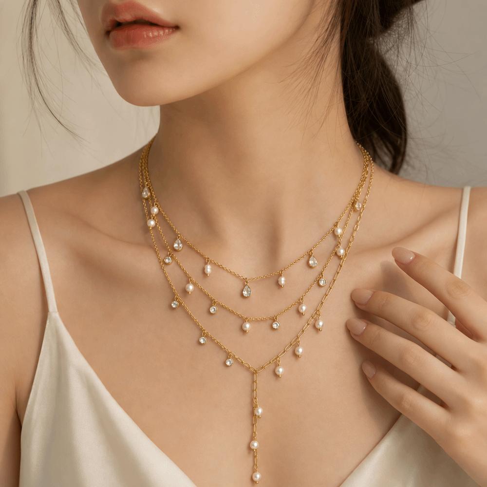 Y Shape Pearl Pendant Necklace 18K Gold Plated Wedding Necklace Elegant Chain Necklace Women