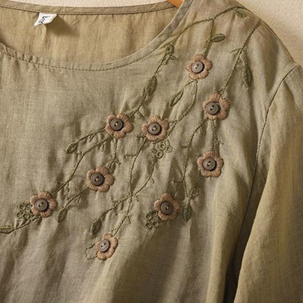 Women's Solid Color Cotton And Linen Long-sleeved Embroidered Retro Breathable T-shirt Round Neck Top