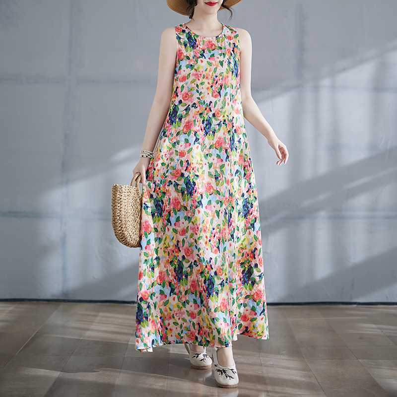 Long Skirt Summer New Round Neck Printed Dress