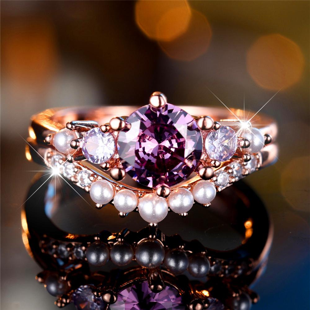 Charm Female Rose Gold Color Purple Round Zircon Stone Engagement Ring Set Vintage Bridal Wedding Bands Party Jewelry For Women
