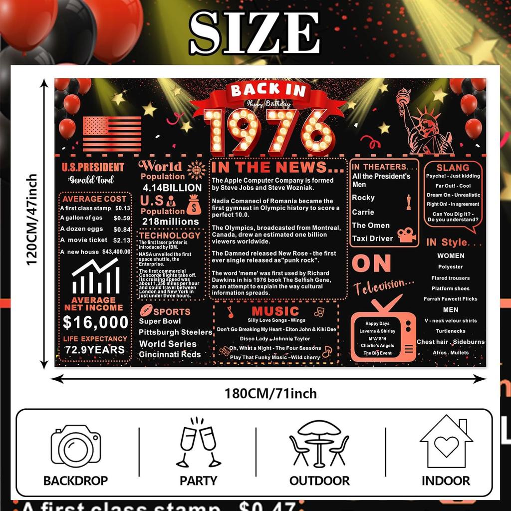 Back In 1976 Red and Black 50th Birthday Decorations Happy 50th Birthday Banner Vintage Birthday 50 Years Ago Backdrop Theme Decor 50th Gifts for Man