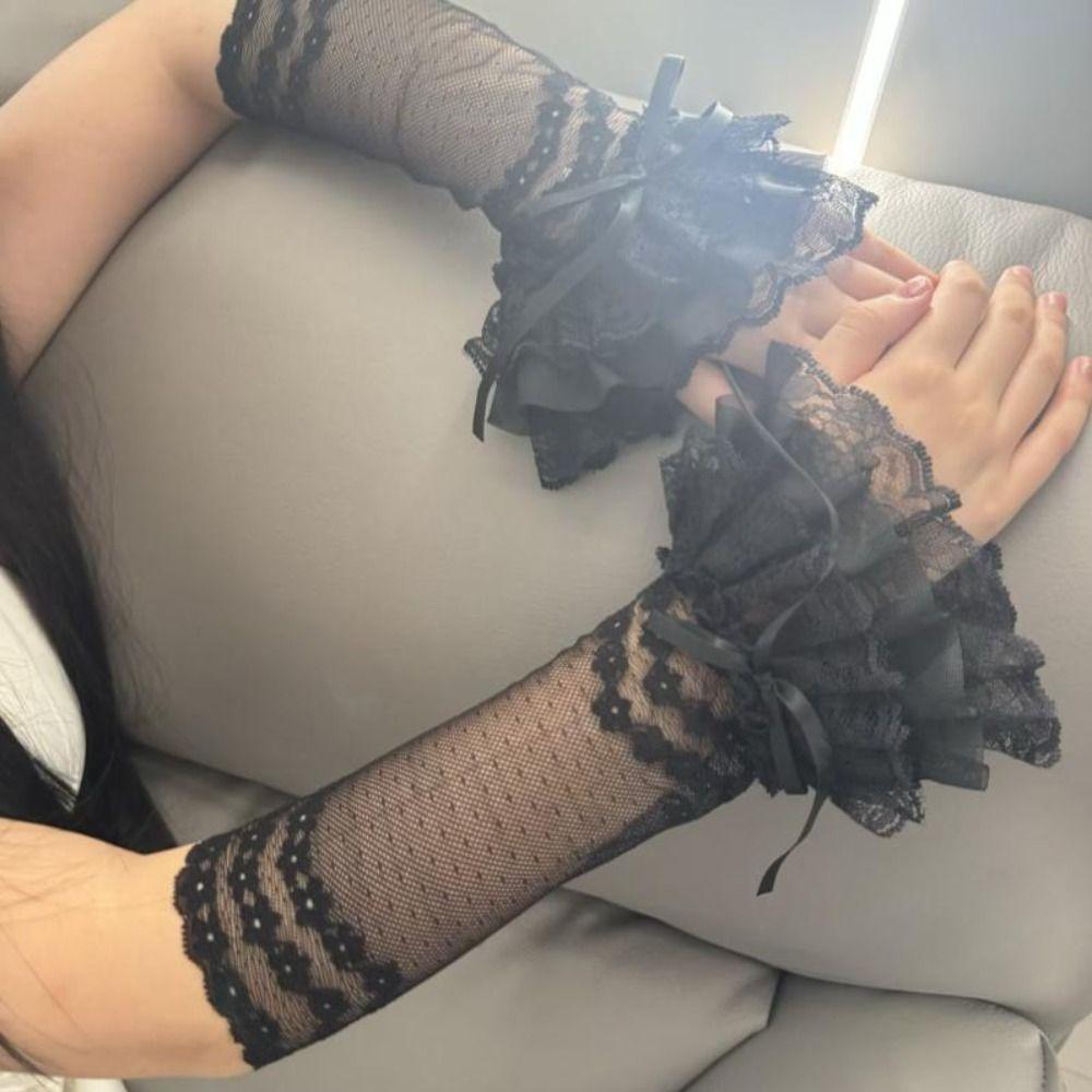 Bowknot Lace Fingerless Gloves Ruffle Trim Long Hand Sleeves Bridal Wrist Gloves Cosplay Event