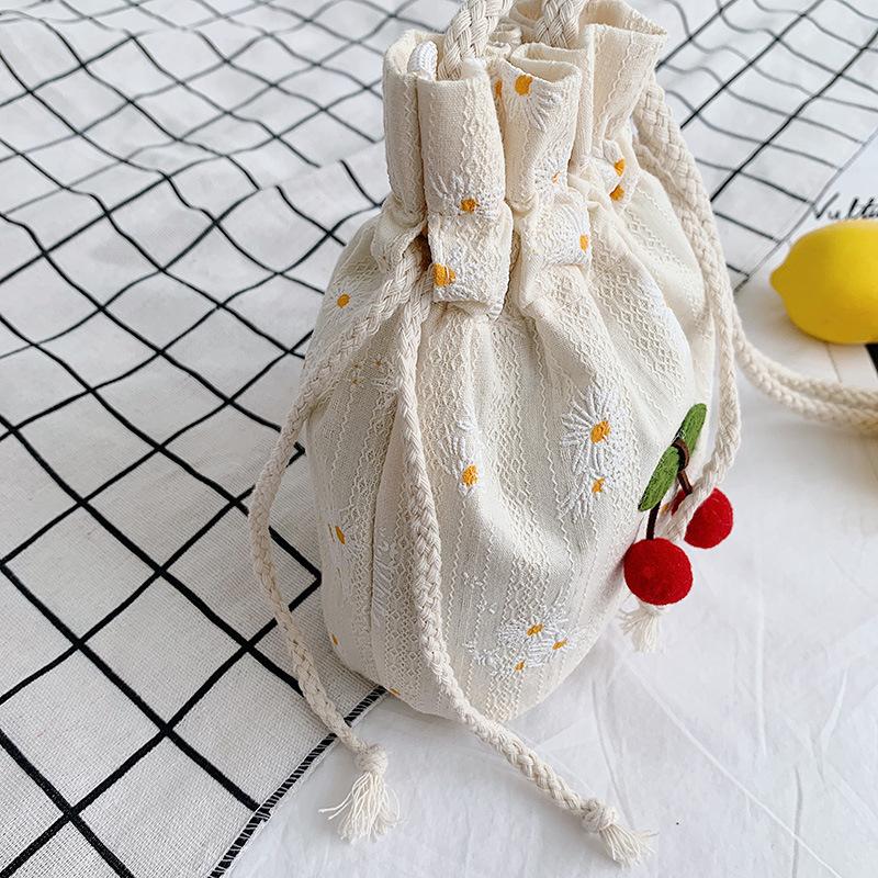Fashion New 2025 Canvas Cute Cherry Bag Hairball Bag Shoulder Bag Canvas Mini Day Bucket Women's Bag