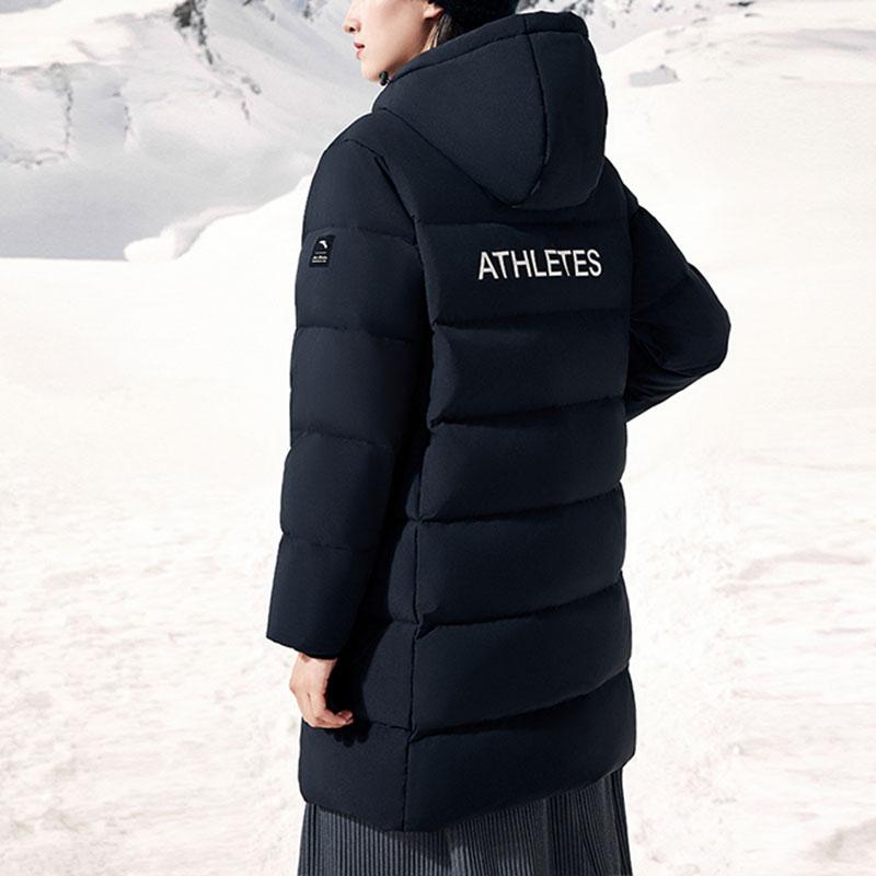 Anta Letter Print Mid-Length Water-Resistant Thickened Warm Hooded Down Jacket Women Outerwear Basic-Black 162417902-3