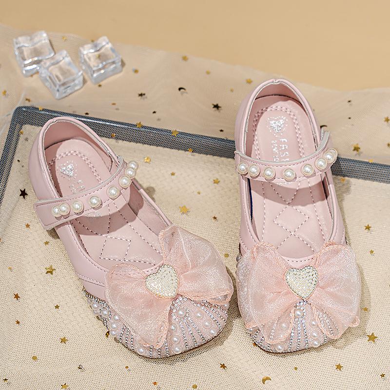 

Spring Summer New Girls Korean Edition Casual Shoes Fashion Bow Bright Bead Elegant Anti slip Princess Shoes 26 розовый