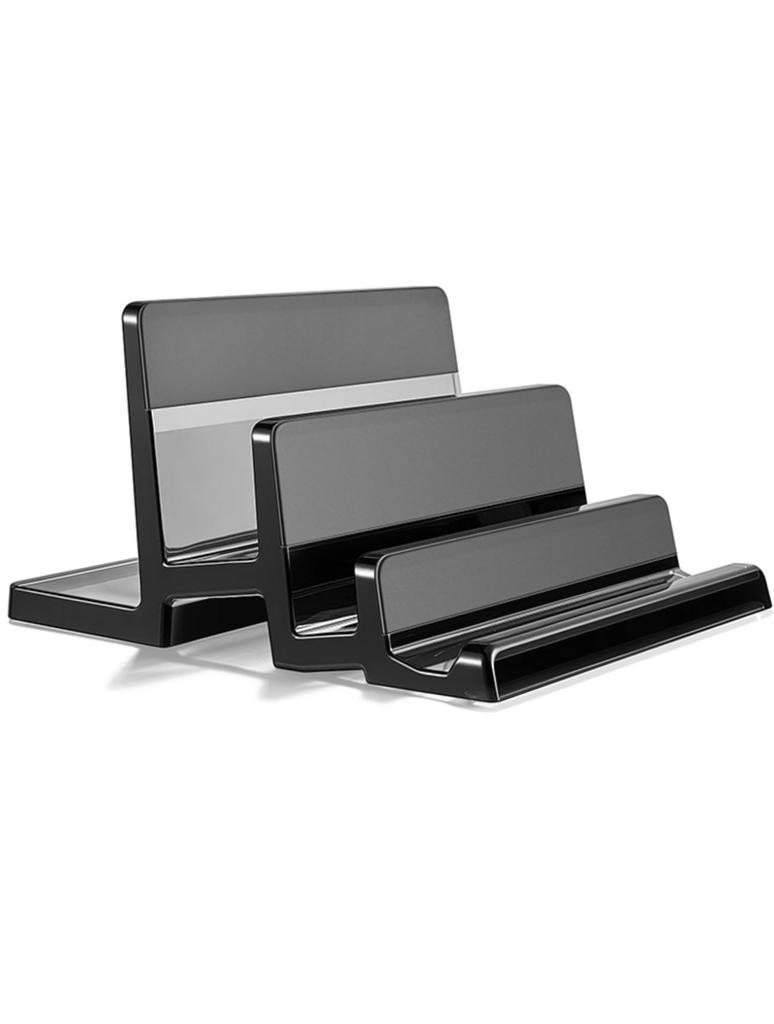 GemRich Vertical Laptop PC Stand with Tablet Storage for MacBook and Stylish Acrylic Clear Black Stand, iPad, Pro, Air, 3-Slot