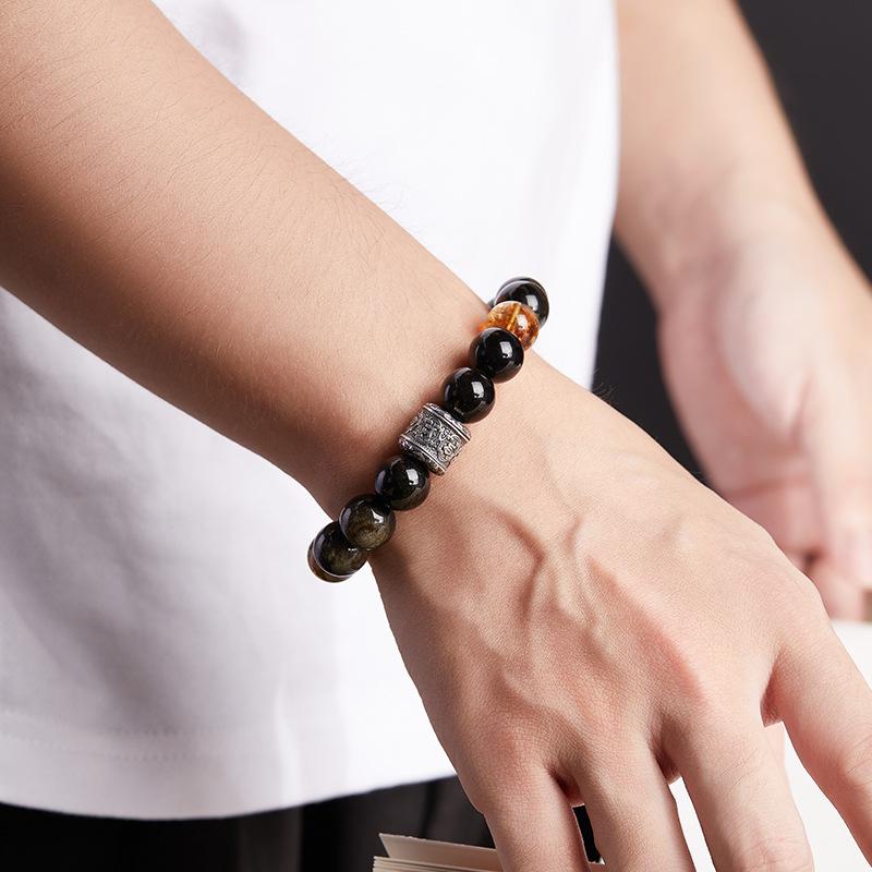 Herren High-End Retro Chinesischer Stil Armband: 999 Sterlingsilber mit natürlichem goldenem Obsidian und gelben Turmkristallperlen
