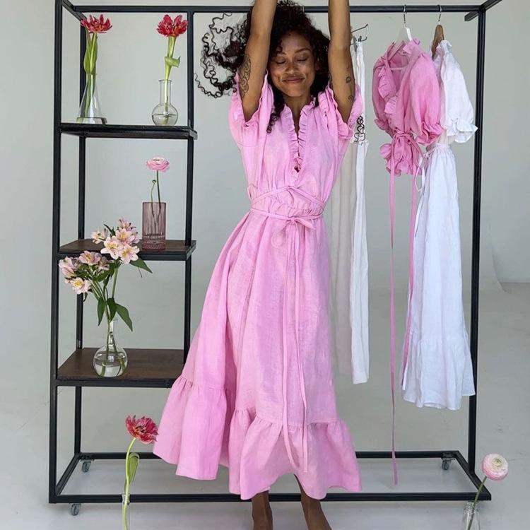 

Short-sleeved V-neck Lace-up Long Dress L белый