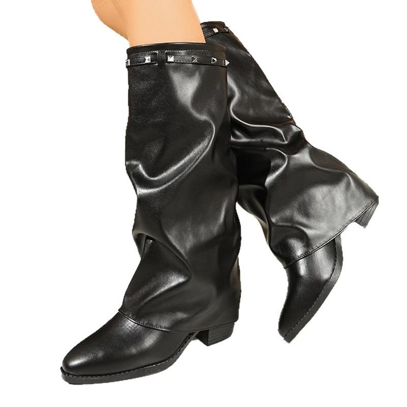 Women's Wide Width Pleated High Heel Knee Boots - Chunky Heel British Style Slouch Boots for Fall, Retro Stacked Boots