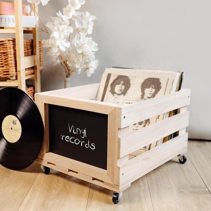 Creative Deco Caisse en Bois pour Vinyles avec Tableau Noir 46 x 36 x 29 cm | Bac de Rangement avec Roulettes | Jusqu'à 80 Disque
