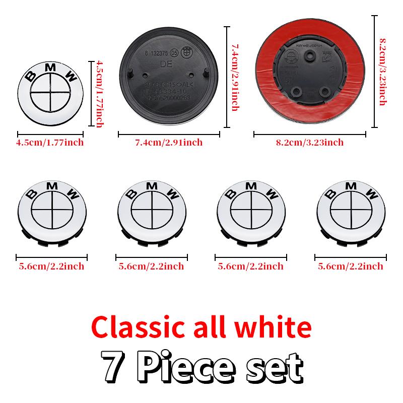 7Pcs Car Front Hood Emblem Wheel Hub Caps All White Logo For BMW M Logo G30 G31 G38 G11 G12 G20 G28 F10 F48 F49 G01 F20 F21 F22
