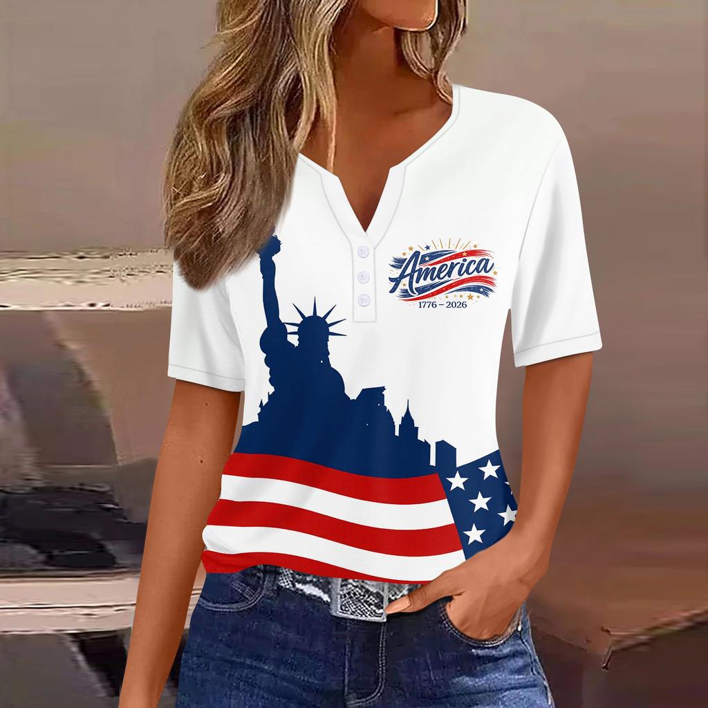 Damen-T-Shirt mit Aufdruck „Unabhängigkeitstag“ und Knopfleiste, kurzärmelig, für den Alltag und das Wochenende, modisch, Basic, V-Ausschnitt, normales Oberteil