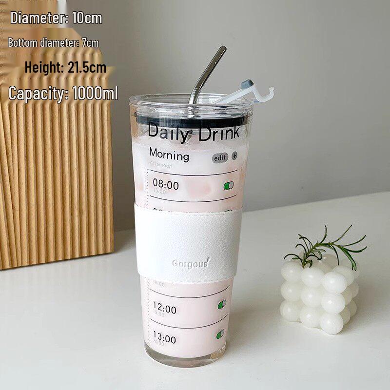 Qiwei 1000ml Heat-Resistant Glass Drinking Cup with Straw
