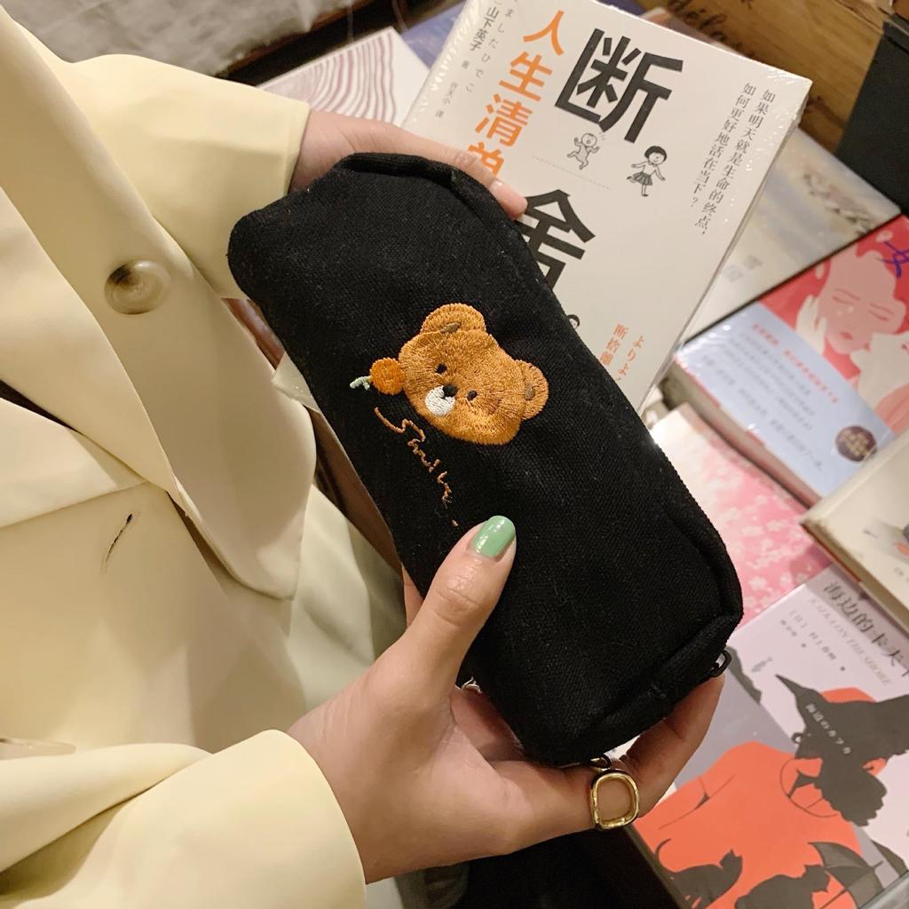 Women Cute Bear Embroidery High Beauty Student Stationery Box Large Capacity Cosmetic Bag