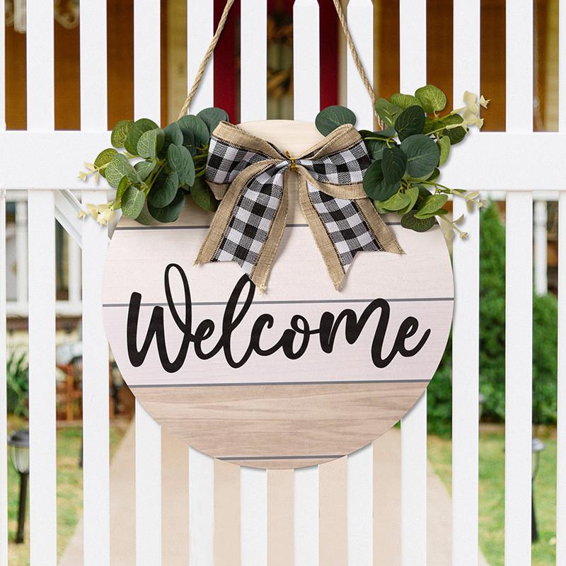 Eucalyptus Welcome Graceful Sign With Chic Black And White Plaid Bow For Decor Seasonal