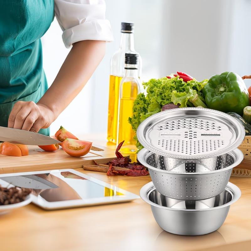 1-2Sets Space Saving Stainless Steel Grater and Colander Set Multi Function Vegetable Slicer Shredder for Kitchen Washing Bowl