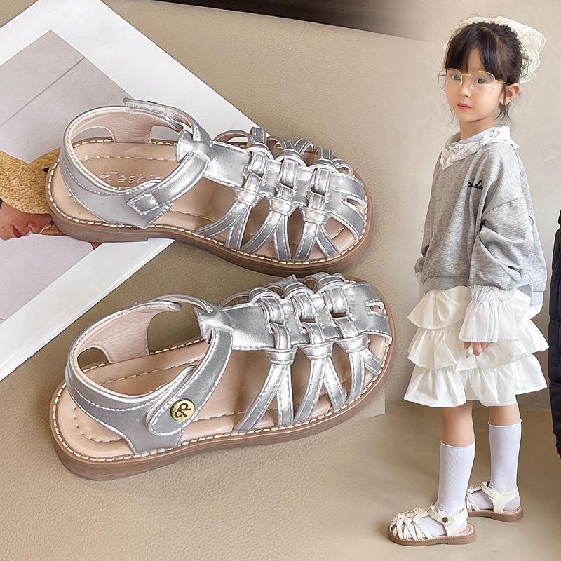 Girls princess sandals 2025 new summer children's toe shoes fashion woven Roman sandals girls beach shoes