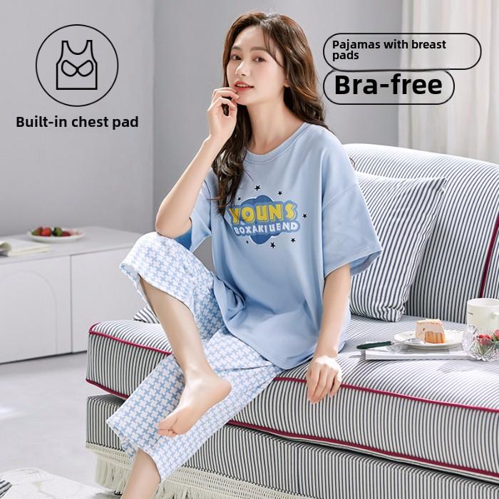 2025 Sommer Damen Pyjama Set mit Brustpolster Weich locker Kurzarm Oberteile und Caprihosen Zweiteilige Nachtwäsche Lingerie Homewear