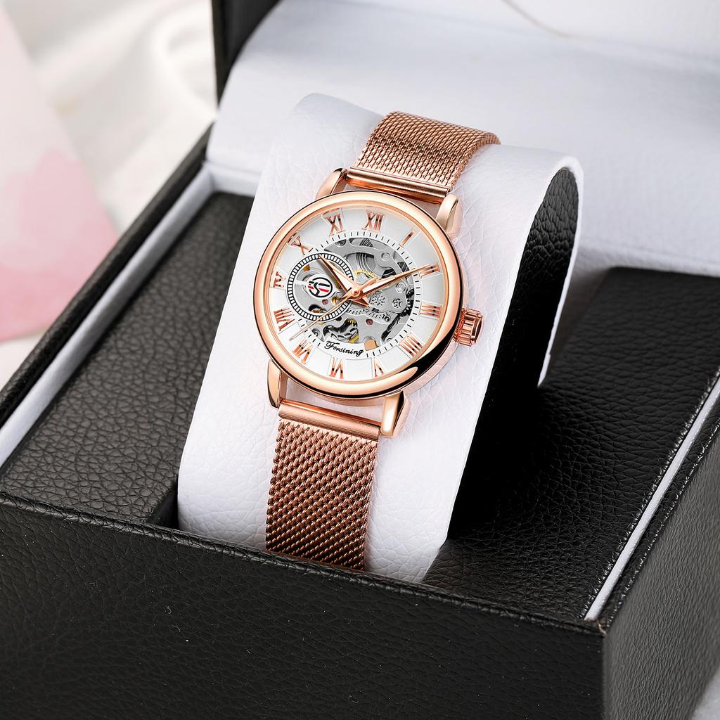 Forsining Ladies Fashion and Leisure Openwork Mesh Belt Small Female Mechanical Watch