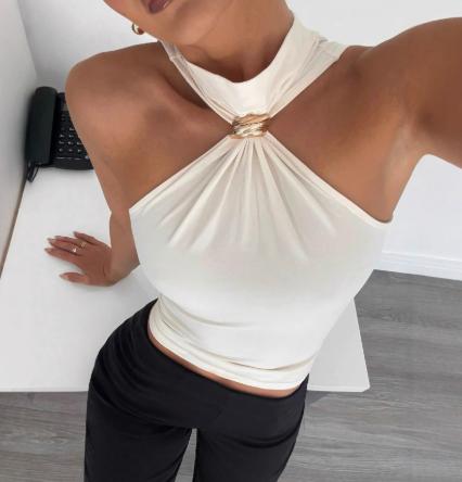 Women s Off-Shoulder Sleeveless Tank Top with High Neck and, Stretchy Fit, L