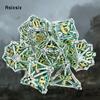 7 Pcs Silver Green Leaf Flower Metal Dice Hollow Metal Polyhedral Dice Set Suitable For Role-Playing Dice PropBoard Game Gift