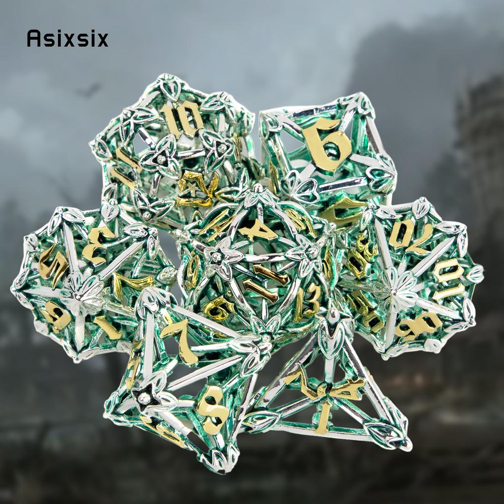 7 Pcs Silver Green Leaf Flower Metal Dice Hollow Metal Polyhedral Dice Set Suitable For Role-Playing Dice PropBoard Game Gift