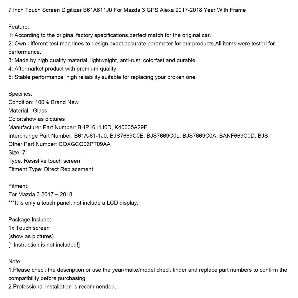 7 Inch Touch Screen Digitizer B61A611J0 For Mazda 3 GPS Alexa 17-2018 With Frame