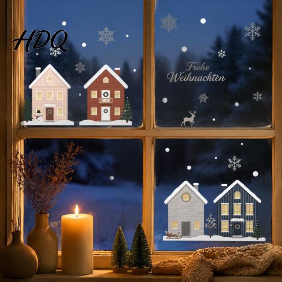 Elk Fir Tree Stickers 2Pcs Christmas Snowy House Static Window Clings, Snowflake Deer Glass Reusable Festive Decals Decals, No-Adhesive for Home Cafe