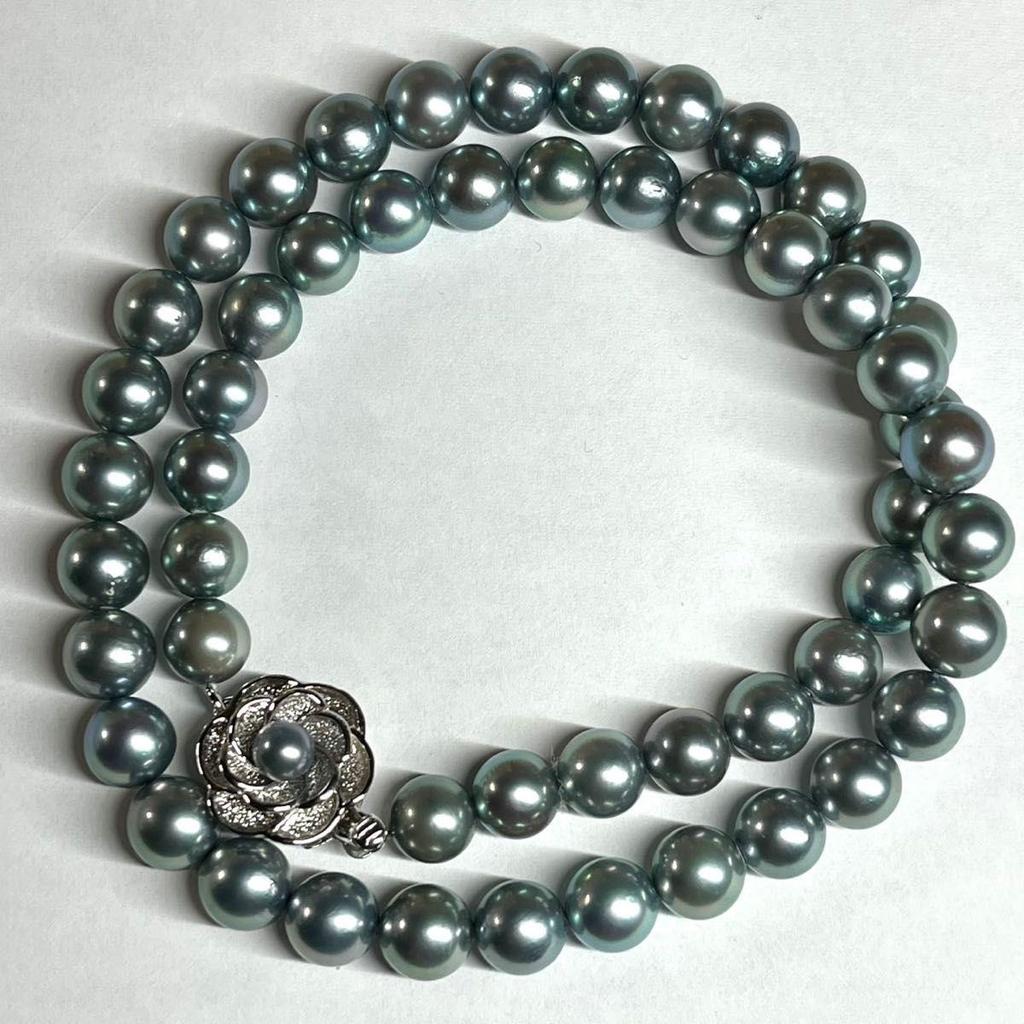 Used Strong Akoya Pearl Necklace 7.5-8.0mm Cobalt Blue Silver Engraved Pearl Necklace