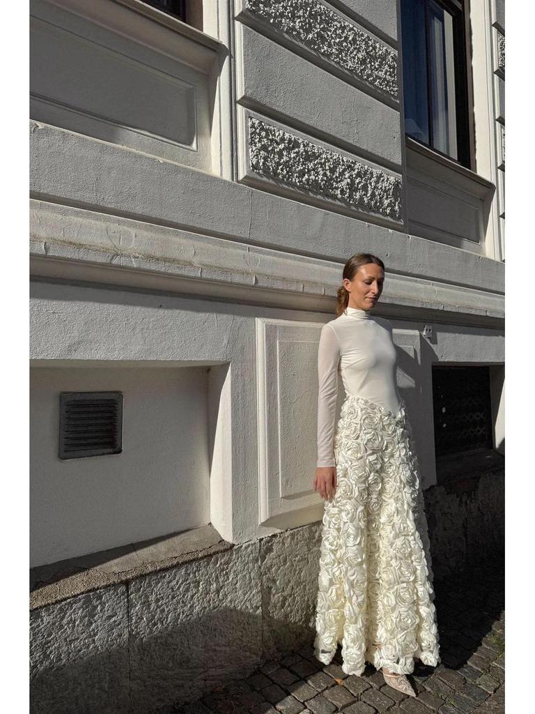 Elegant Long Sleeve 3D Floral Rose Party Dress