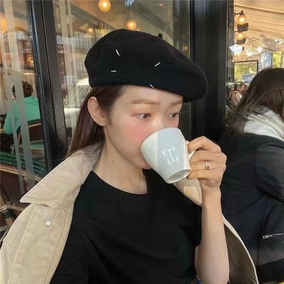 Black Woolen Beret for Women Korean Style Versatile Hat Autumn and Winter Japanese Style Retro Face Showing Little British Painter Hat Trend