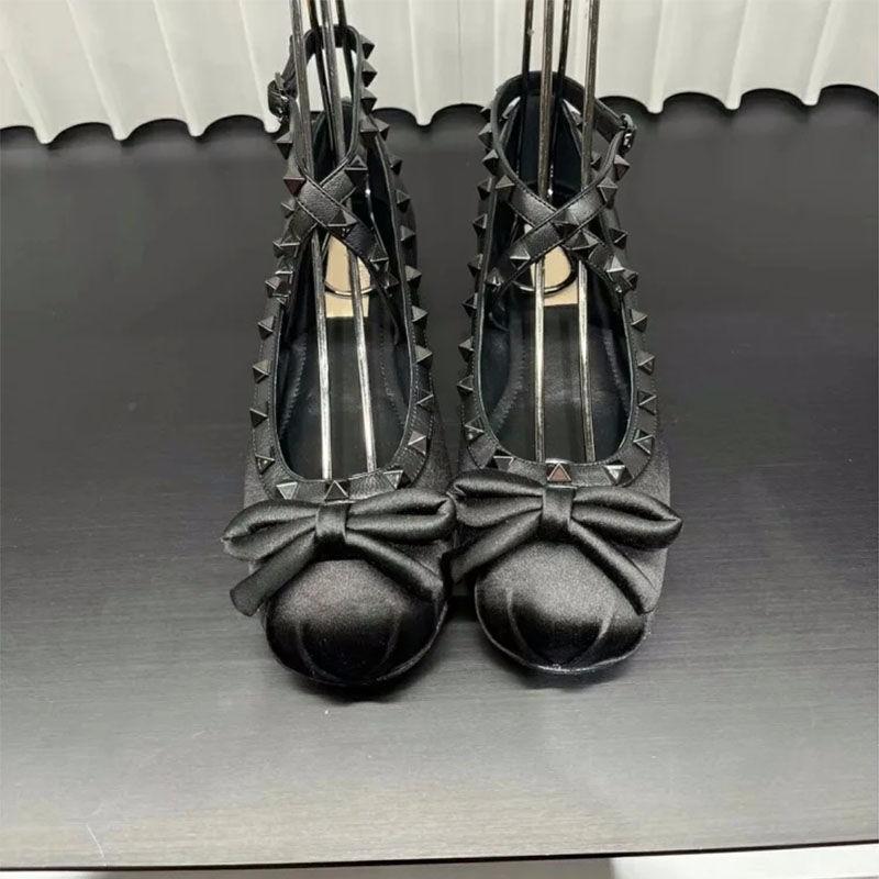 V Family Riveted Satin Ballet Shoes Female Bow French Single Shoes Flat Bottom Mary Jane Princess Shoes