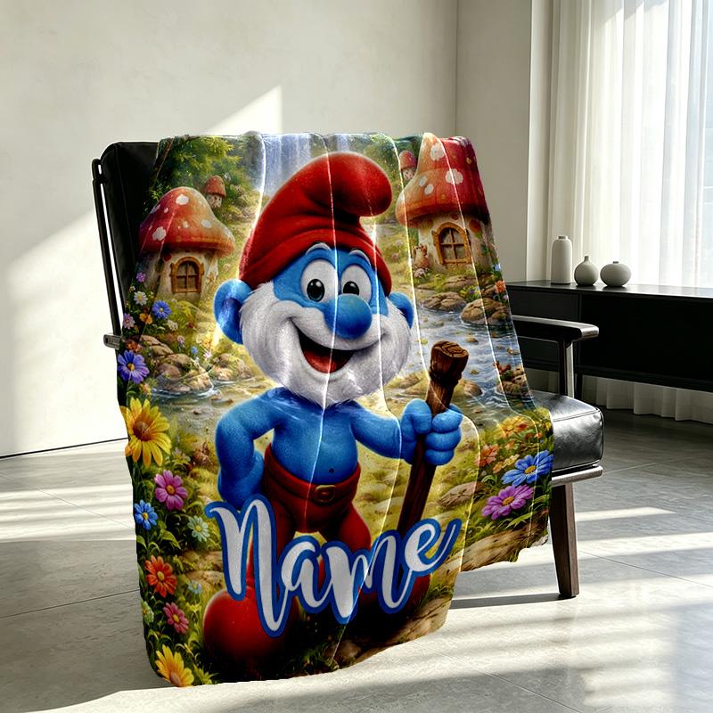 Custom Name Personalized Blue Smurfs Print Blanket, Home Decor, Bedroom, Sofa, Camping, Couch, Gifts for Birthday Christmas