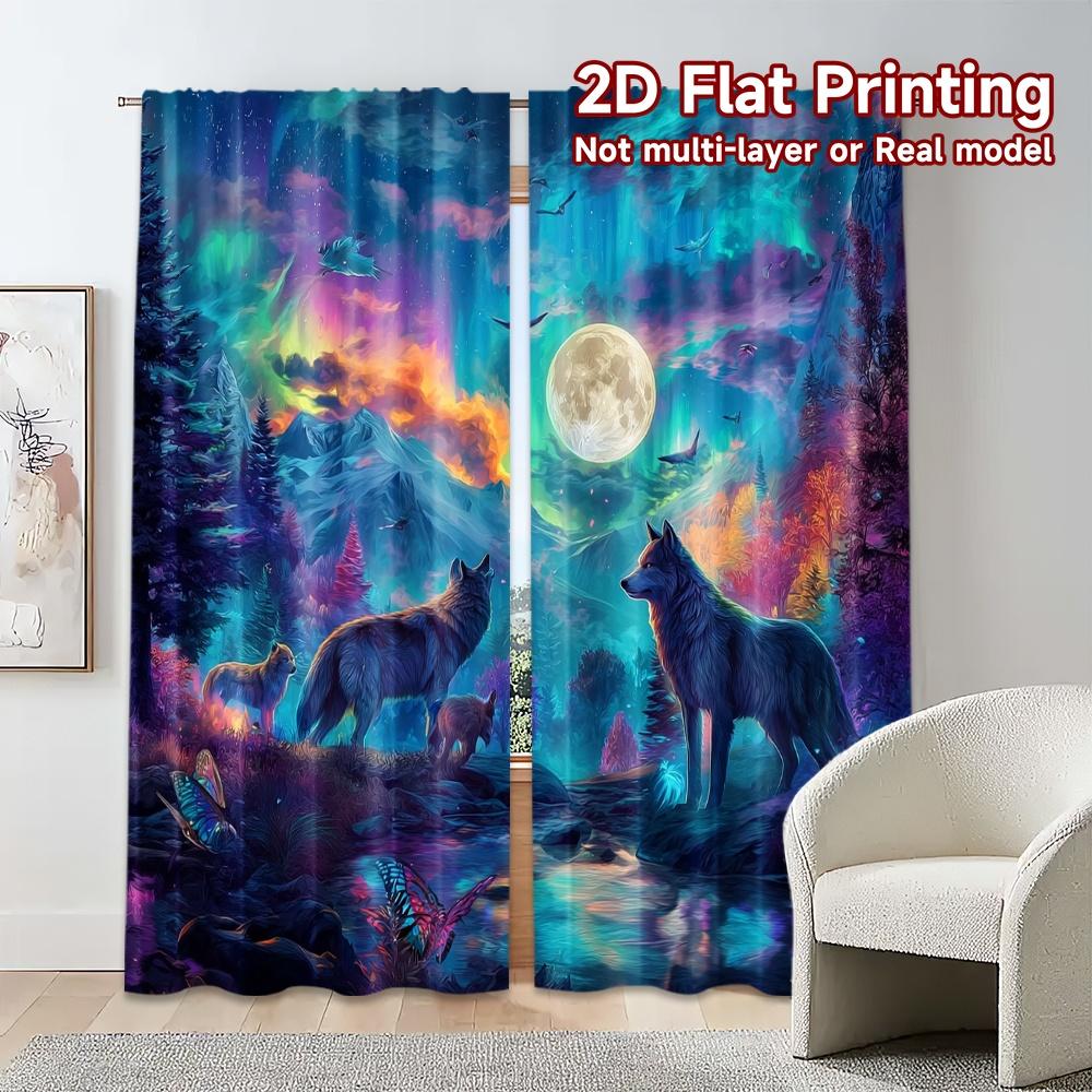 2pcs, 2D FLAT PRINTING Curtains (Without Rod) LunarWolfscape Modern Curtains Roller Blinds Versatile Polyester Curtains Art Deco