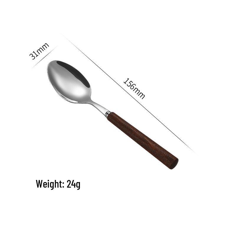 4-Piece High-End Stainless Steel Cutlery Set with Wooden Handles: Includes Knife, Fork, Spoon, and Teaspoon for Western Cuisine.