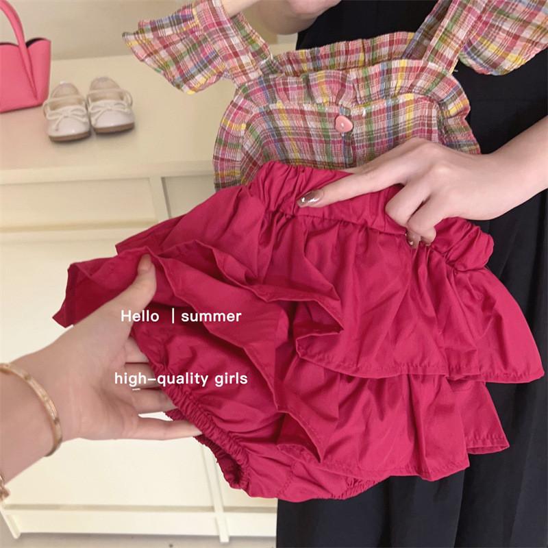 Adorable Korean Style Girls Cotton Two Piece Set For Summer With Sweet Checkered Design