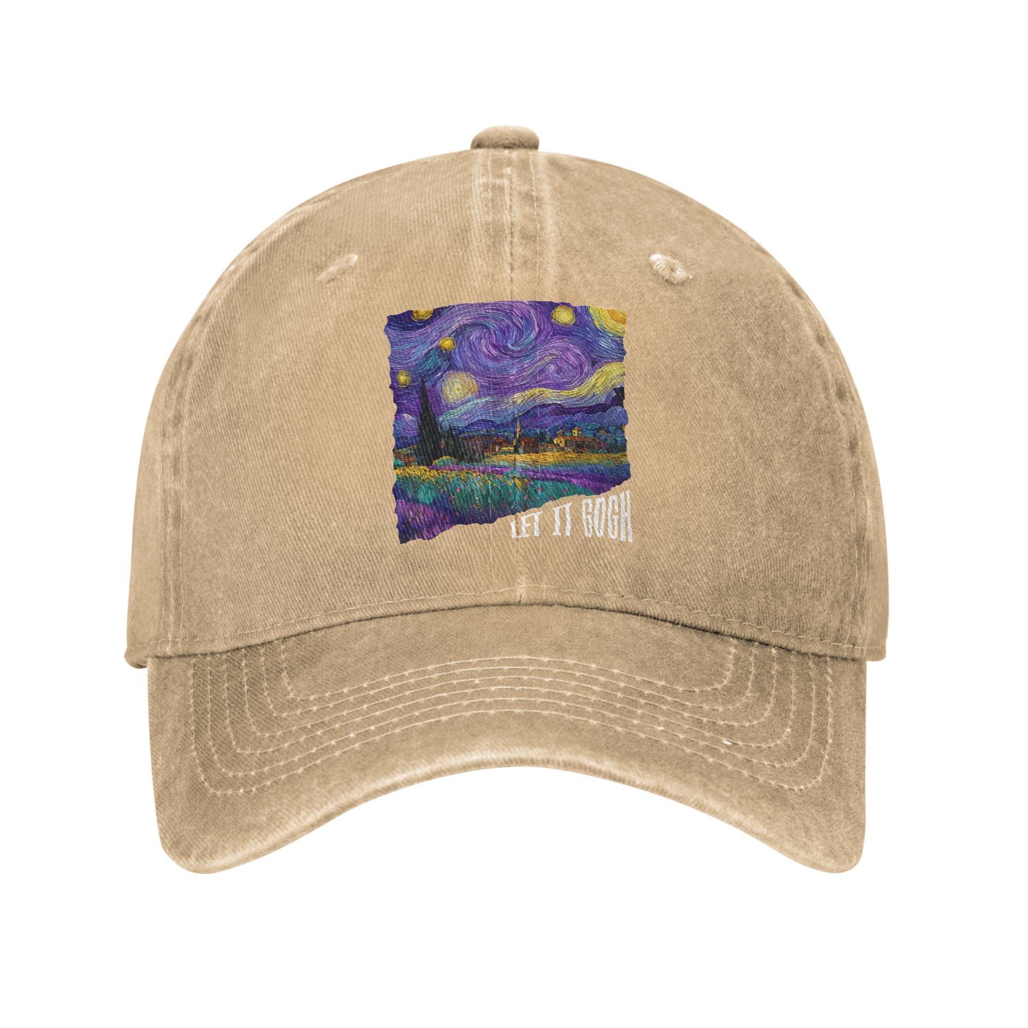 Let It Gogh Funny Vincent Van Gogh Starry Night Unstructured Baseball Cap Distressed Cotton Painting Headwear Adjustable Hat Adjustable